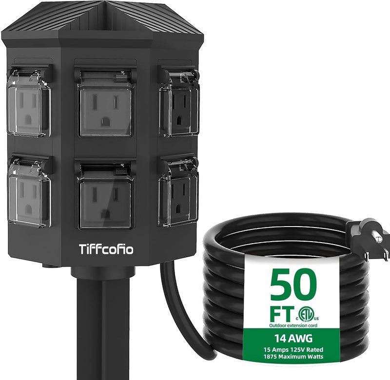 Tiffcofio موزع طاقة خارجي مقاوم للعوامل الجوية، سلك تمديد بطول 50 قدم مع دعامة طاقة، 6 مآخذ مؤرضة للأضواء الخارجية، 15A/1875W، مدرج في ETL - Image 1